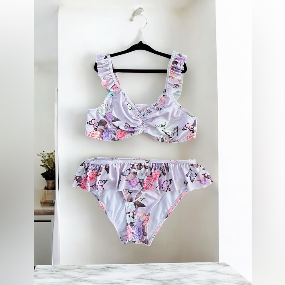 Girls Floral Butterfly Print Ruffled 2 Piece Swimsuit - Pink / Size L (14/16)
